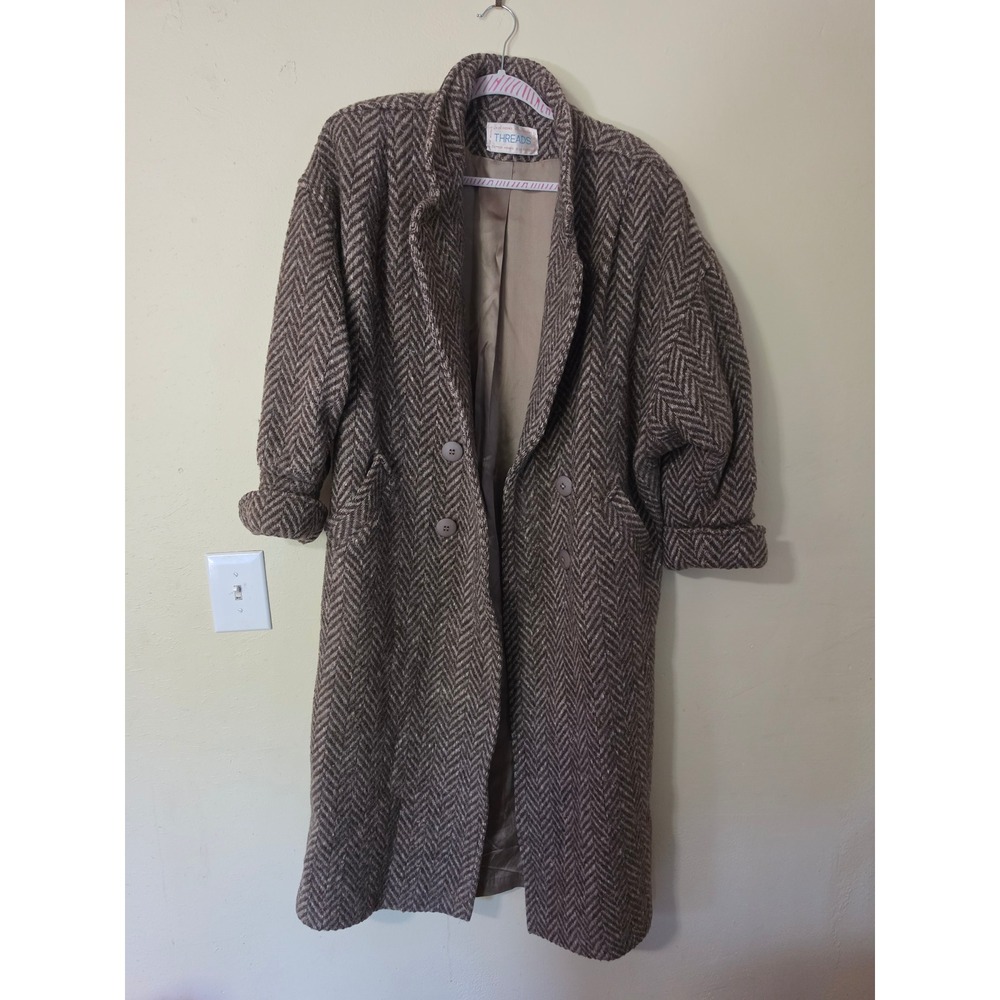 Vintage Threads Brown Herringbone 100% Pure Wool Double Breasted Coat Size 10